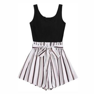 Sleeveless Striped Belted Tank Romper